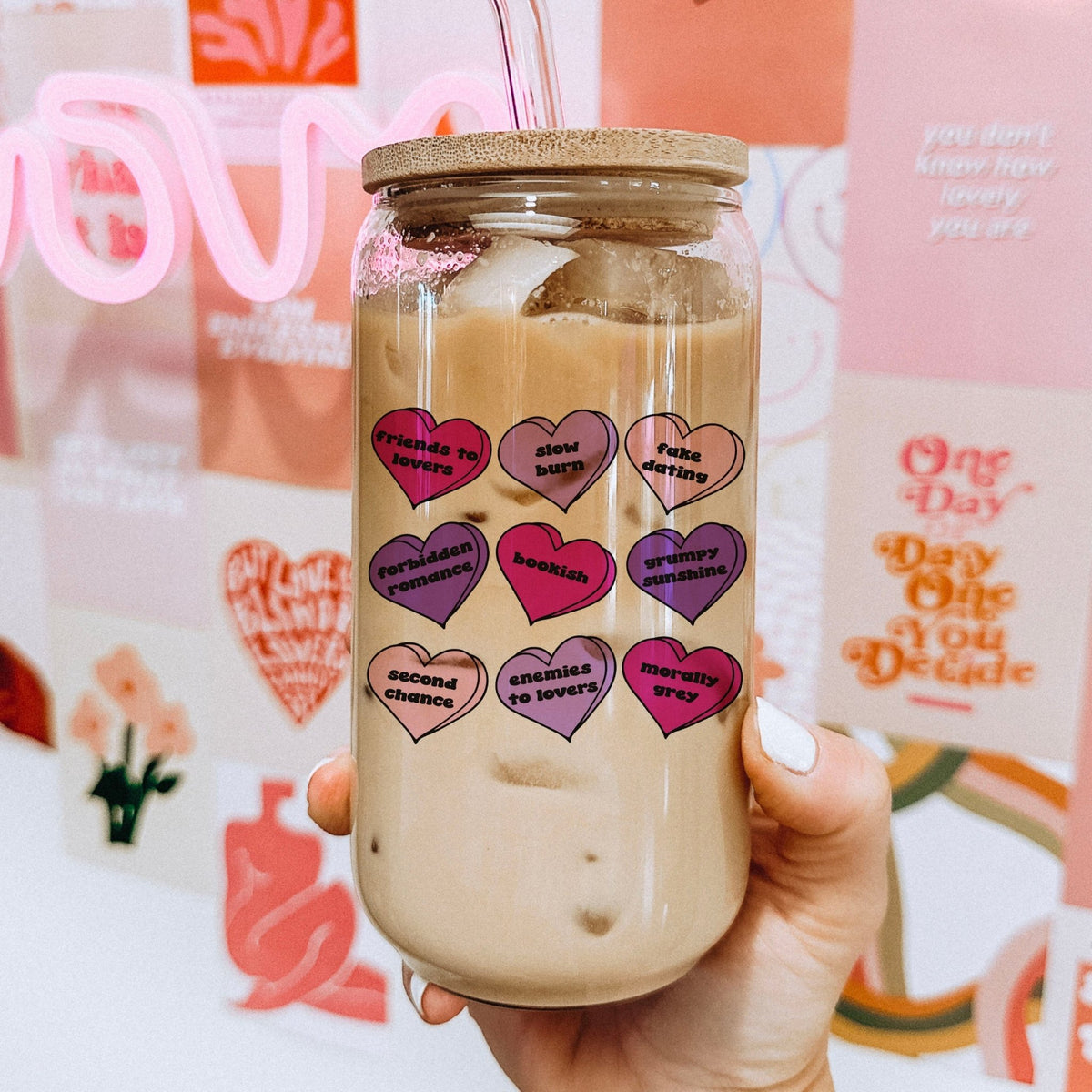 Bookish Tropes Candy Hearts Clear Glass Cup with Bamboo Lid & Straw - Starry Skies Austin