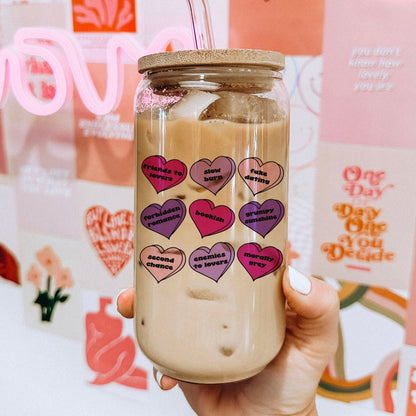 Bookish Tropes Candy Hearts Clear Glass Cup with Bamboo Lid & Straw - Starry Skies Austin