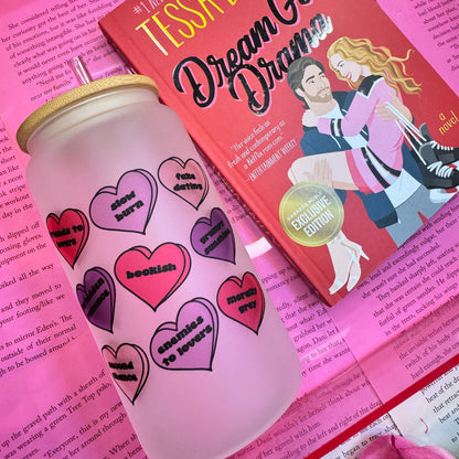 Bookish Tropes Candy Hearts Frosted Glass Cup with Bamboo Lid & Straw - Starry Skies Austin