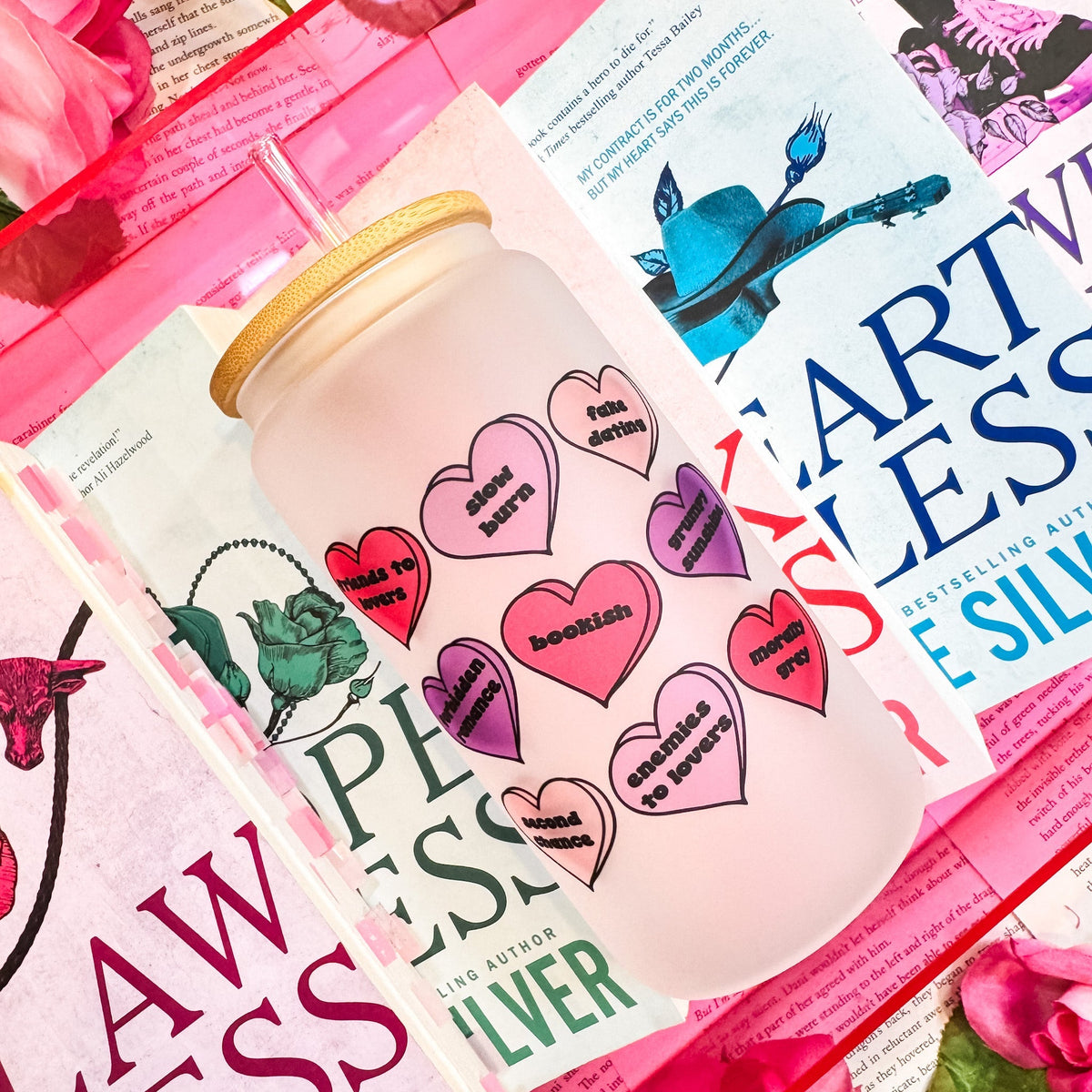 Bookish Tropes Candy Hearts Frosted Glass Cup with Bamboo Lid & Straw - Starry Skies Austin