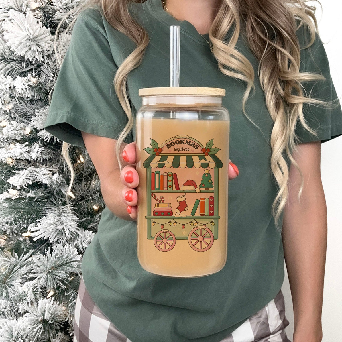 Bookmas Express Clear Glass Cup with Bamboo Lid & Straw - Starry Skies Austin