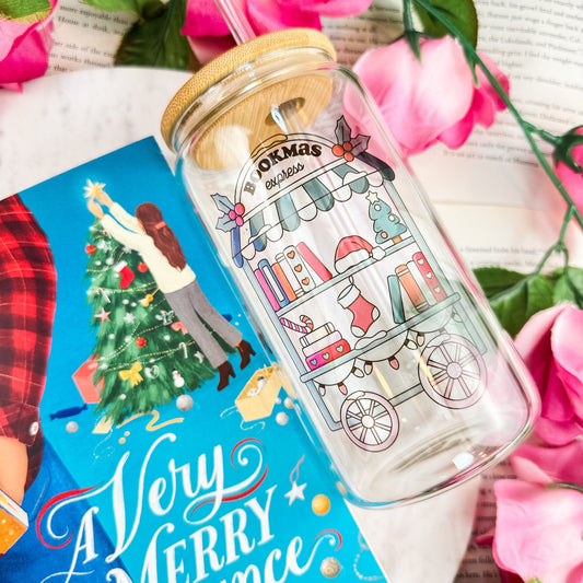 Bookmas Express Clear Glass Cup with Bamboo Lid & Straw - Starry Skies Austin