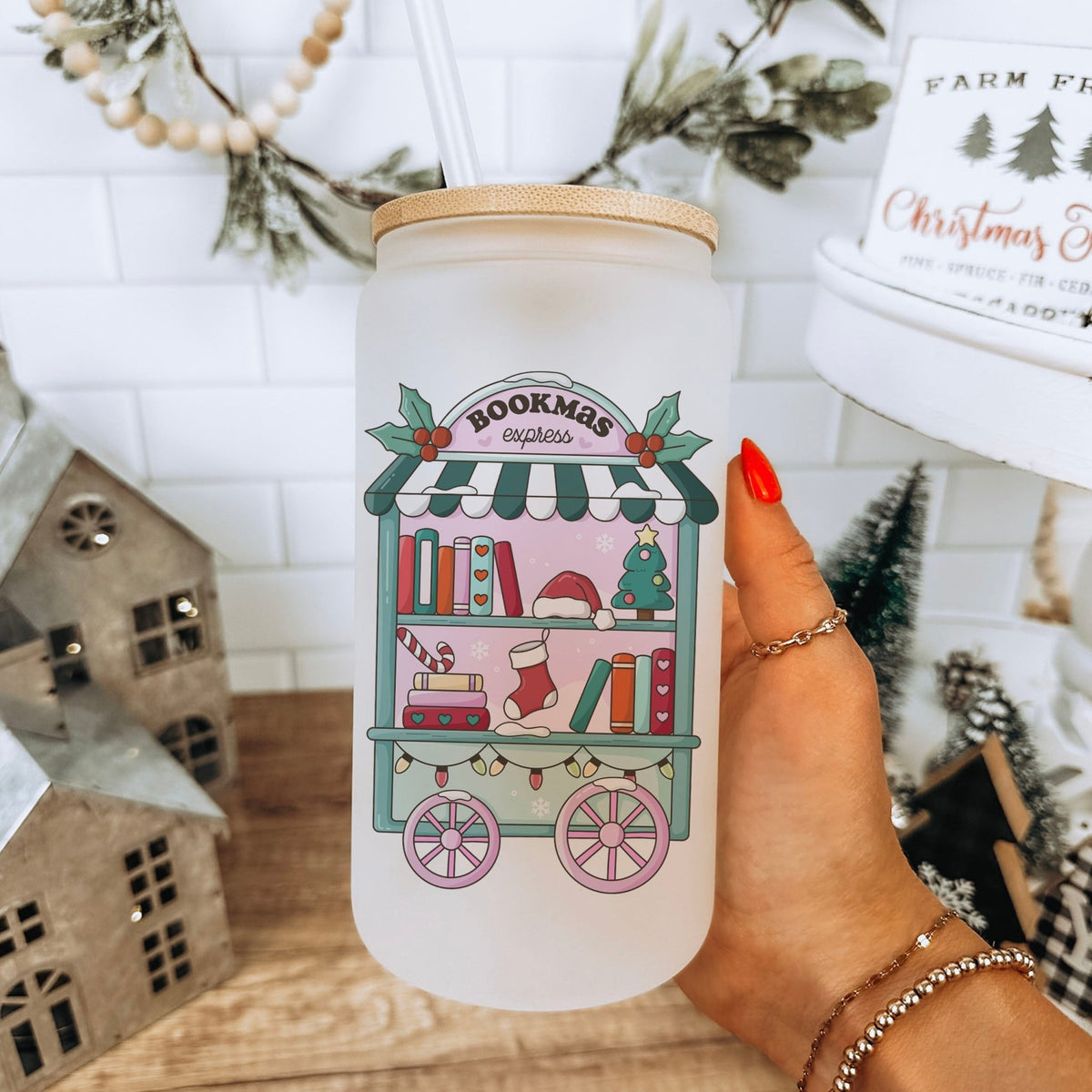 Bookmas Express Frosted Glass Cup with Bamboo Lid & Straw - Starry Skies Austin