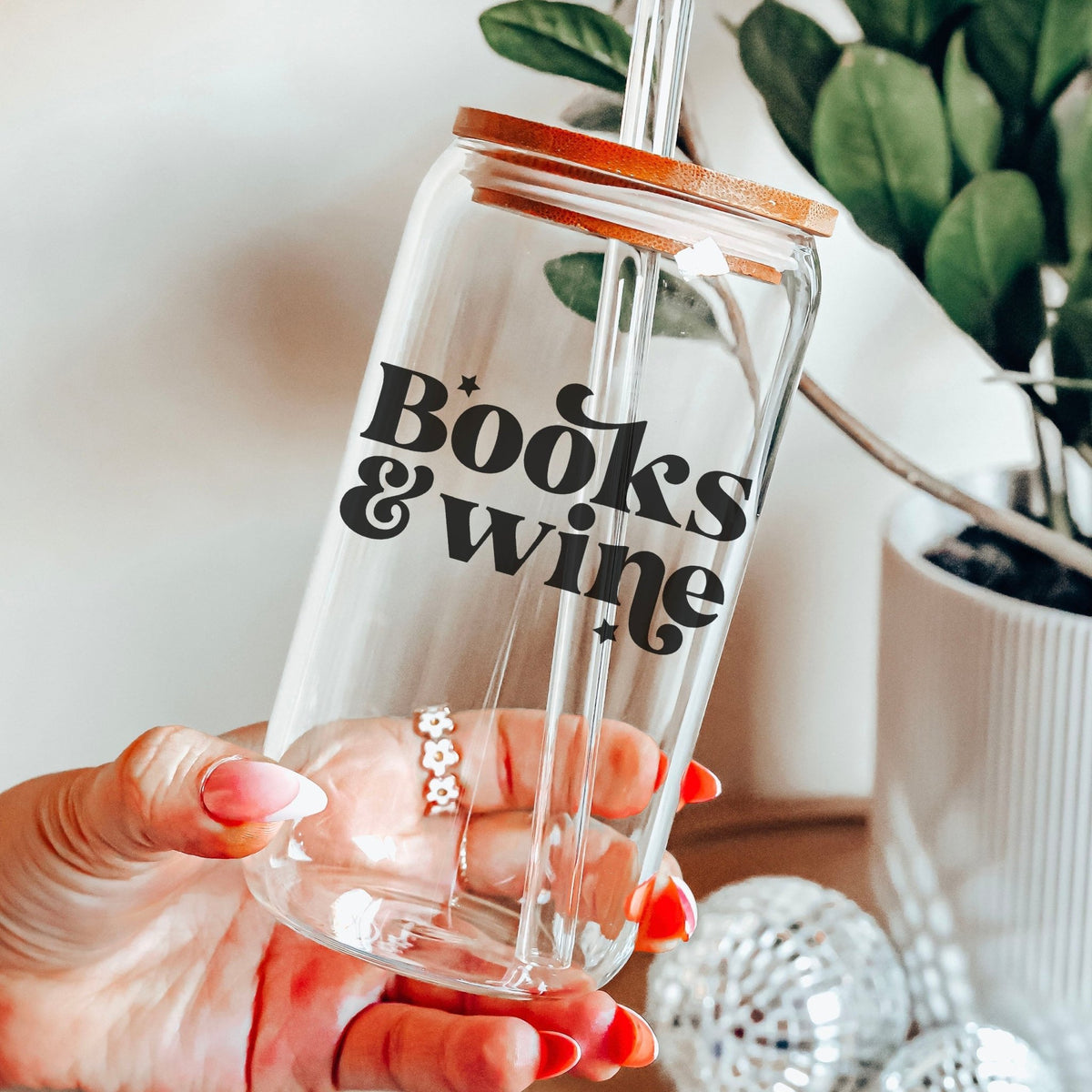 Books And Wine Clear Glass Cup with Bamboo Lid & Straw - Starry Skies Austin