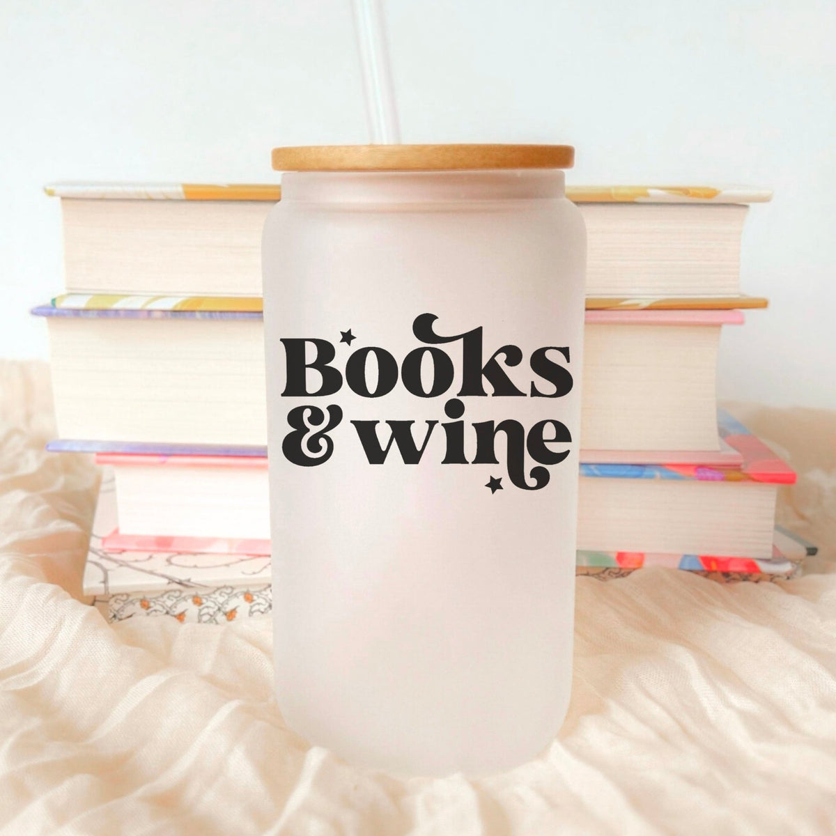 Books And Wine Frosted Glass Cup with Bamboo Lid & Straw - Starry Skies Austin