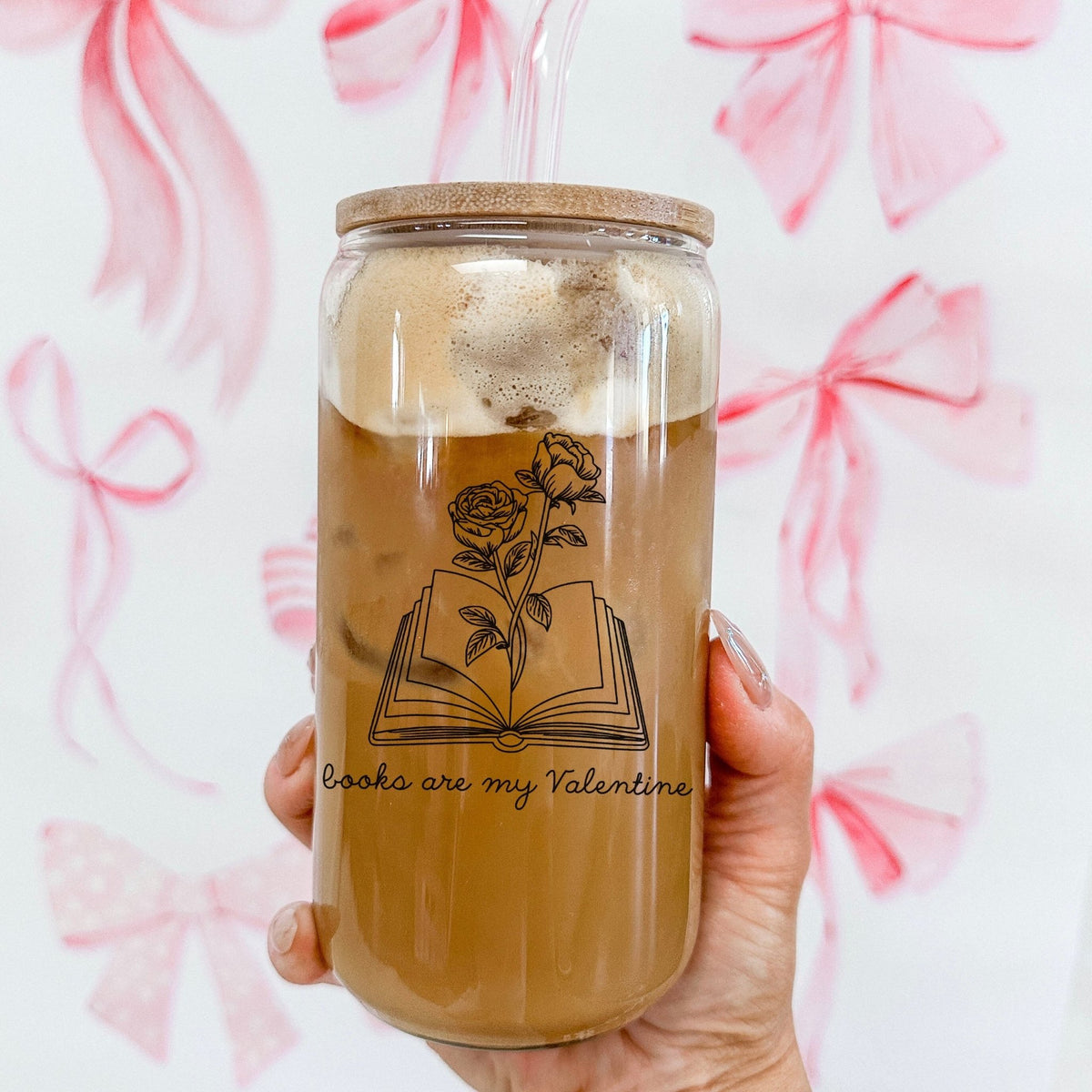 Books Are My Valentine Clear Glass Cup with Bamboo Lid & Straw - Starry Skies Austin