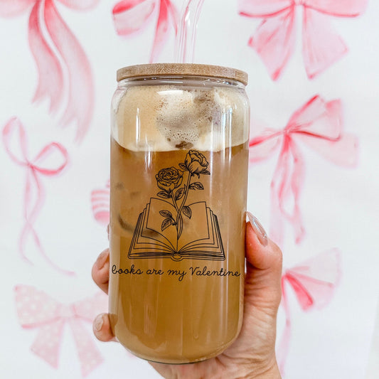Books Are My Valentine Clear Glass Cup with Bamboo Lid & Straw - Starry Skies Austin