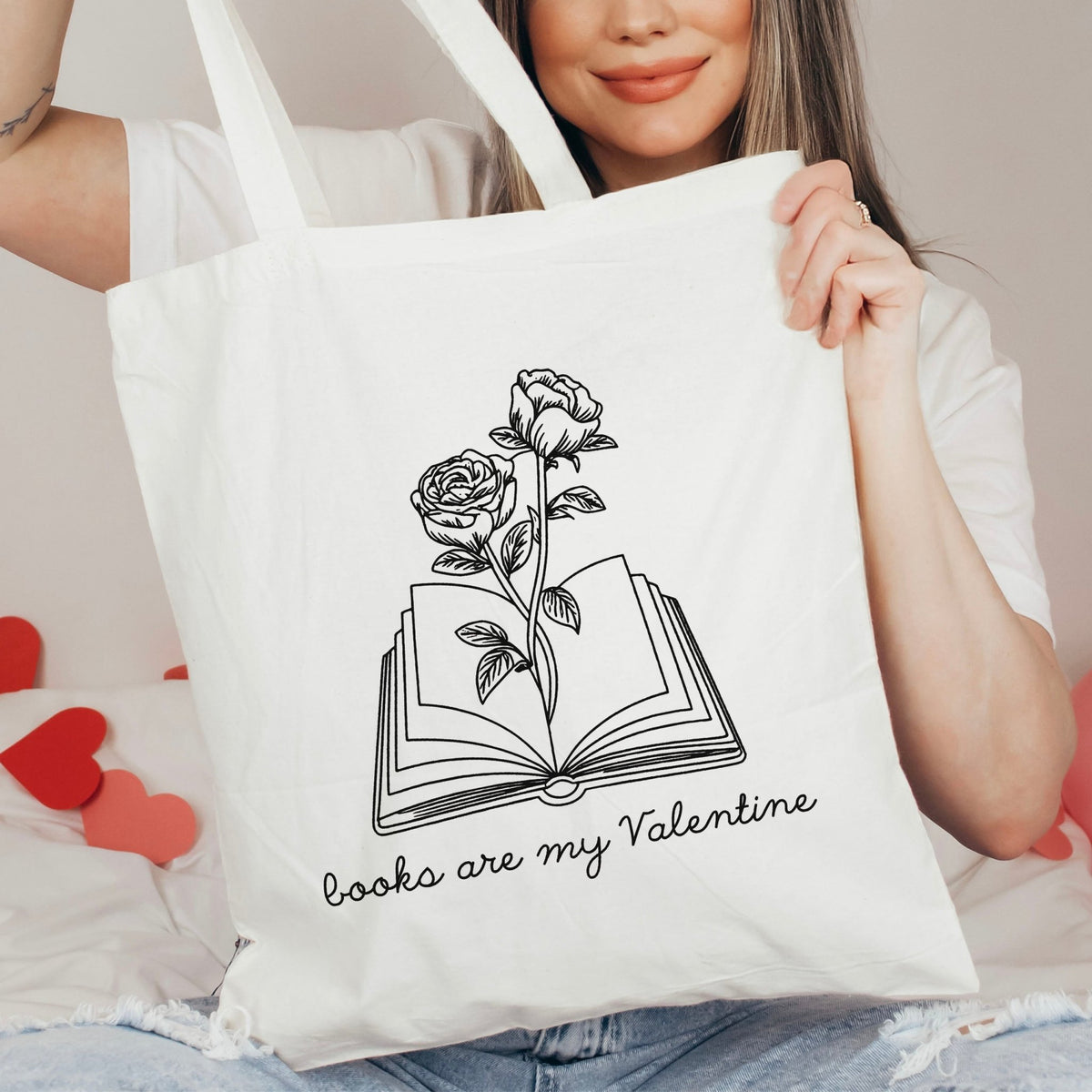 Books Are My Valentine (Floral) Canvas Tote Bag - Starry Skies Austin