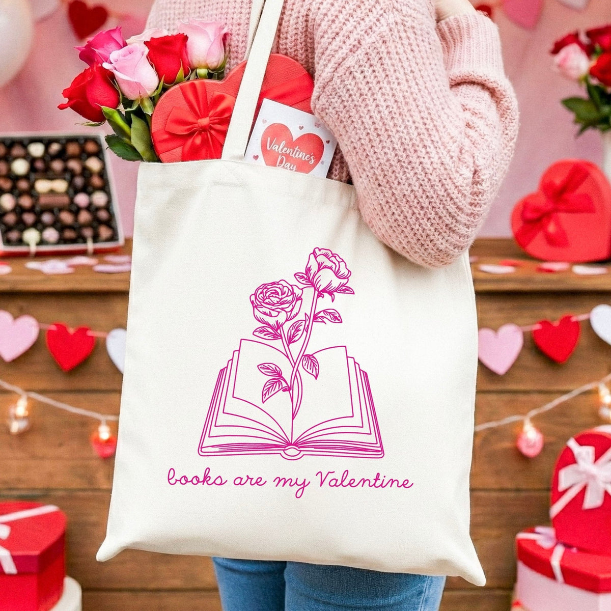Books Are My Valentine (Floral) Canvas Tote Bag - Starry Skies Austin