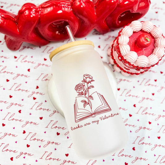 Books Are My Valentine Frosted Glass Cup with Bamboo Lid & Straw - Starry Skies Austin