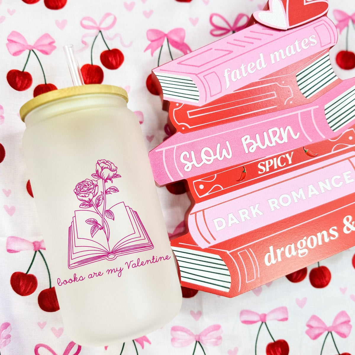 Books Are My Valentine Frosted Glass Cup with Bamboo Lid & Straw - Starry Skies Austin