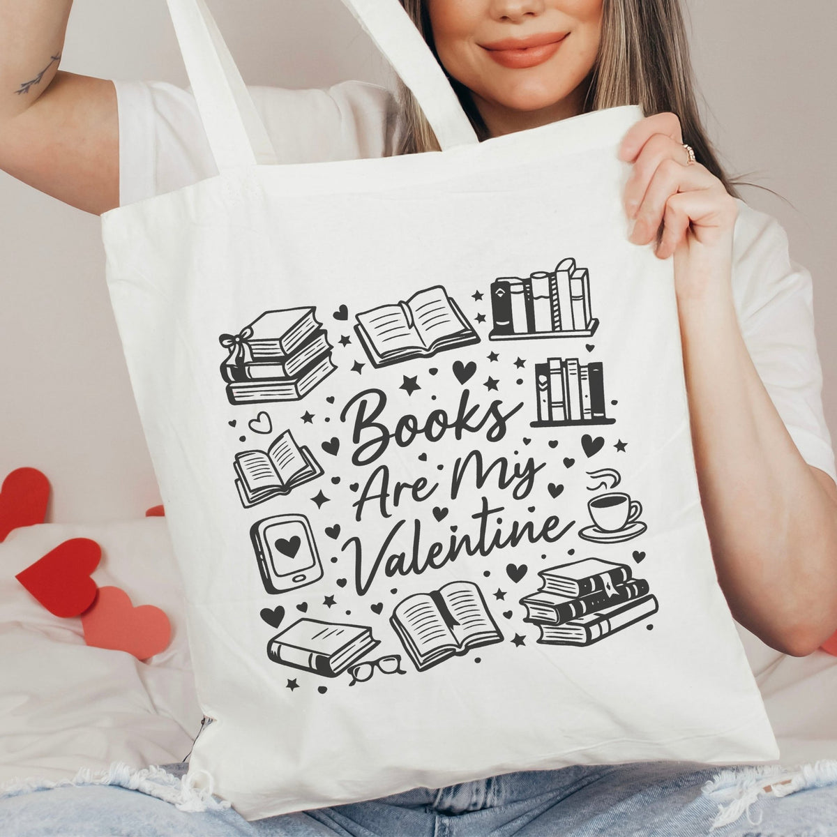 Books Are My Valentine (Graphic) Canvas Tote Bag - Starry Skies Austin