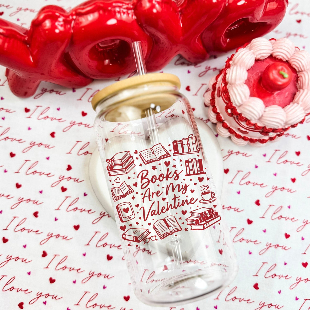 Books Are My Valentine (Graphic) Clear Glass Cup with Bamboo Lid & Straw - Starry Skies Austin