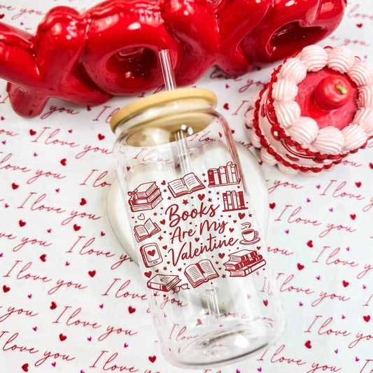 Books Are My Valentine (Graphic) Clear Glass Cup with Bamboo Lid & Straw - Starry Skies Austin