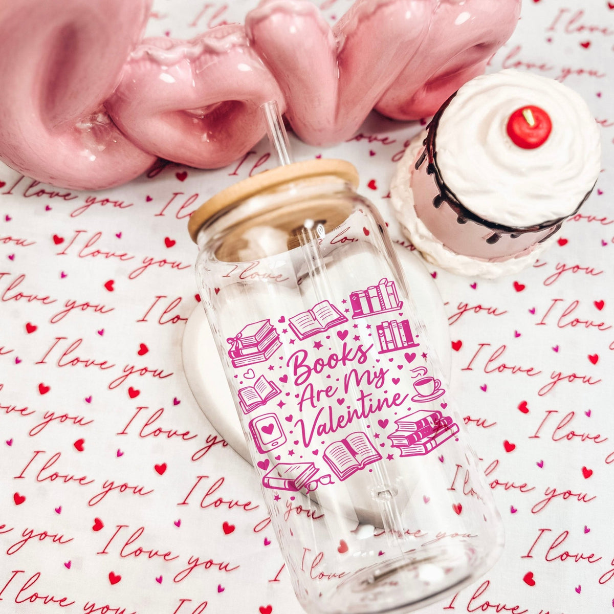 Books Are My Valentine (Graphic) Clear Glass Cup with Bamboo Lid & Straw - Starry Skies Austin