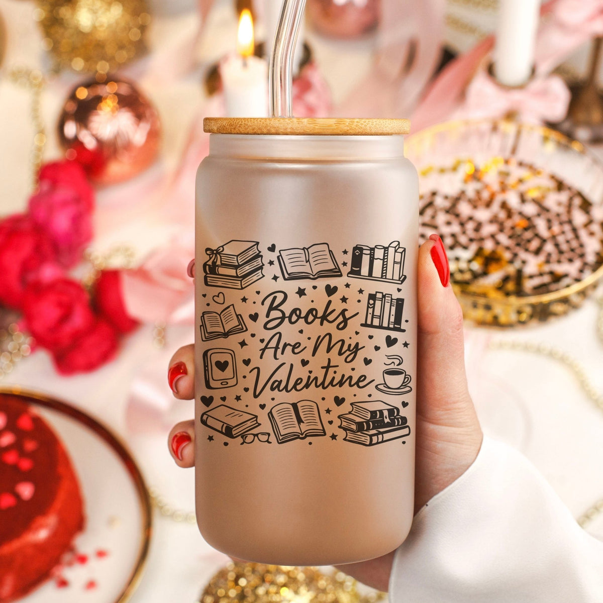 Books Are My Valentine (Graphic) Frosted Glass Cup with Bamboo Lid & Straw - Starry Skies Austin