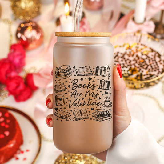 Books Are My Valentine (Graphic) Frosted Glass Cup with Bamboo Lid & Straw - Starry Skies Austin