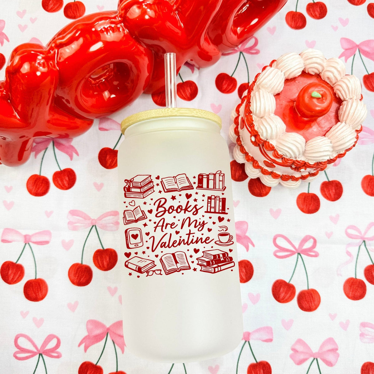 Books Are My Valentine (Graphic) Frosted Glass Cup with Bamboo Lid & Straw - Starry Skies Austin