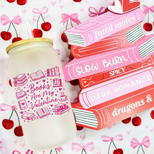Books Are My Valentine (Graphic) Frosted Glass Cup with Bamboo Lid & Straw - Starry Skies Austin