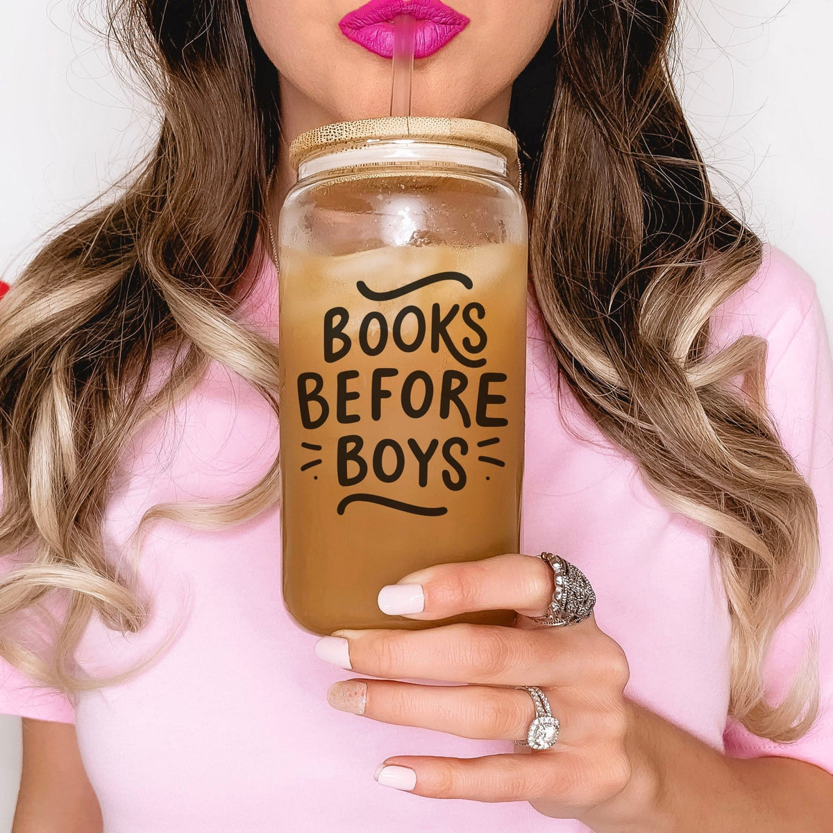 Books Before Boys Clear Glass Cup with Bamboo Lid & Straw - Starry Skies Austin