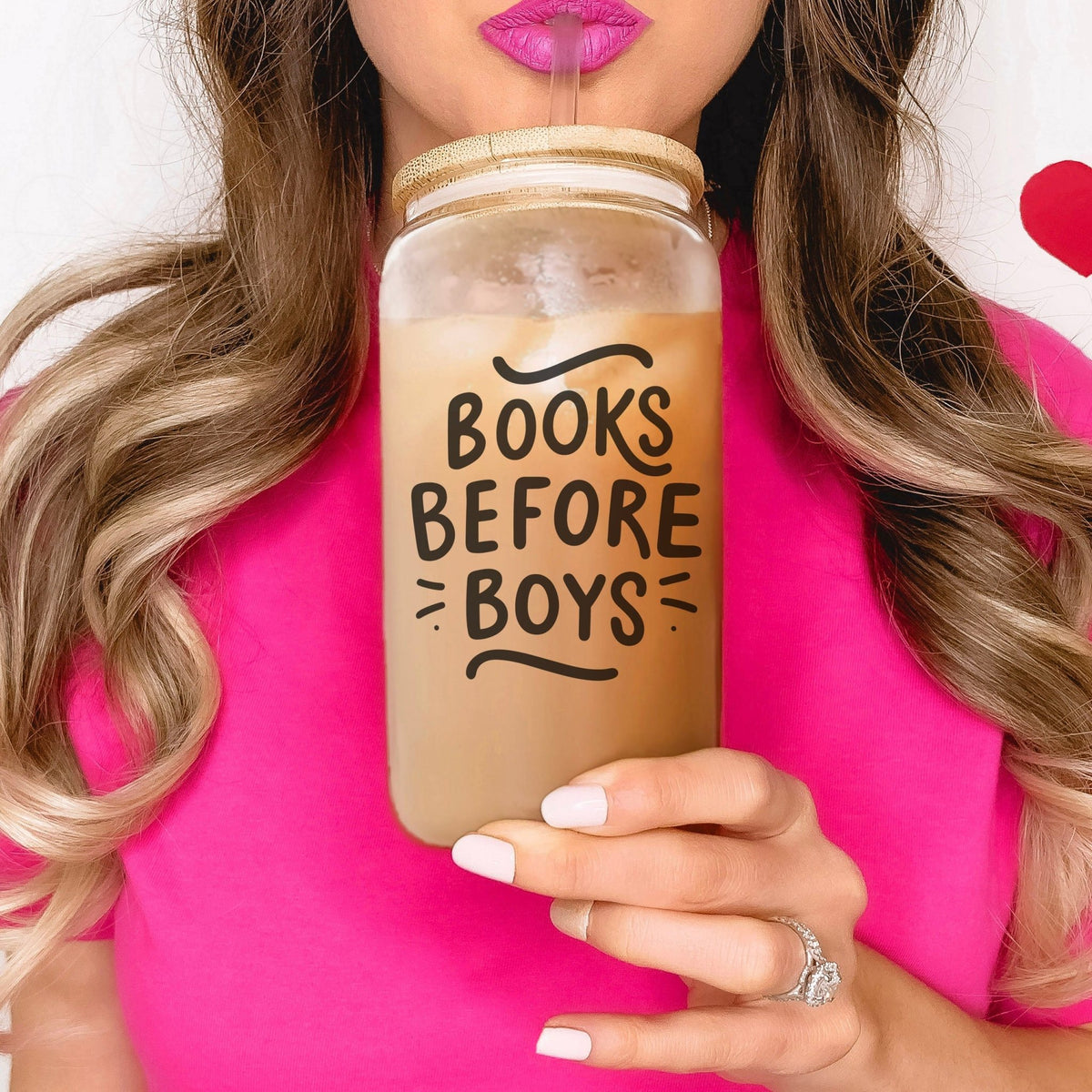 Books Before Boys Frosted Glass Cup with Bamboo Lid & Straw - Starry Skies Austin