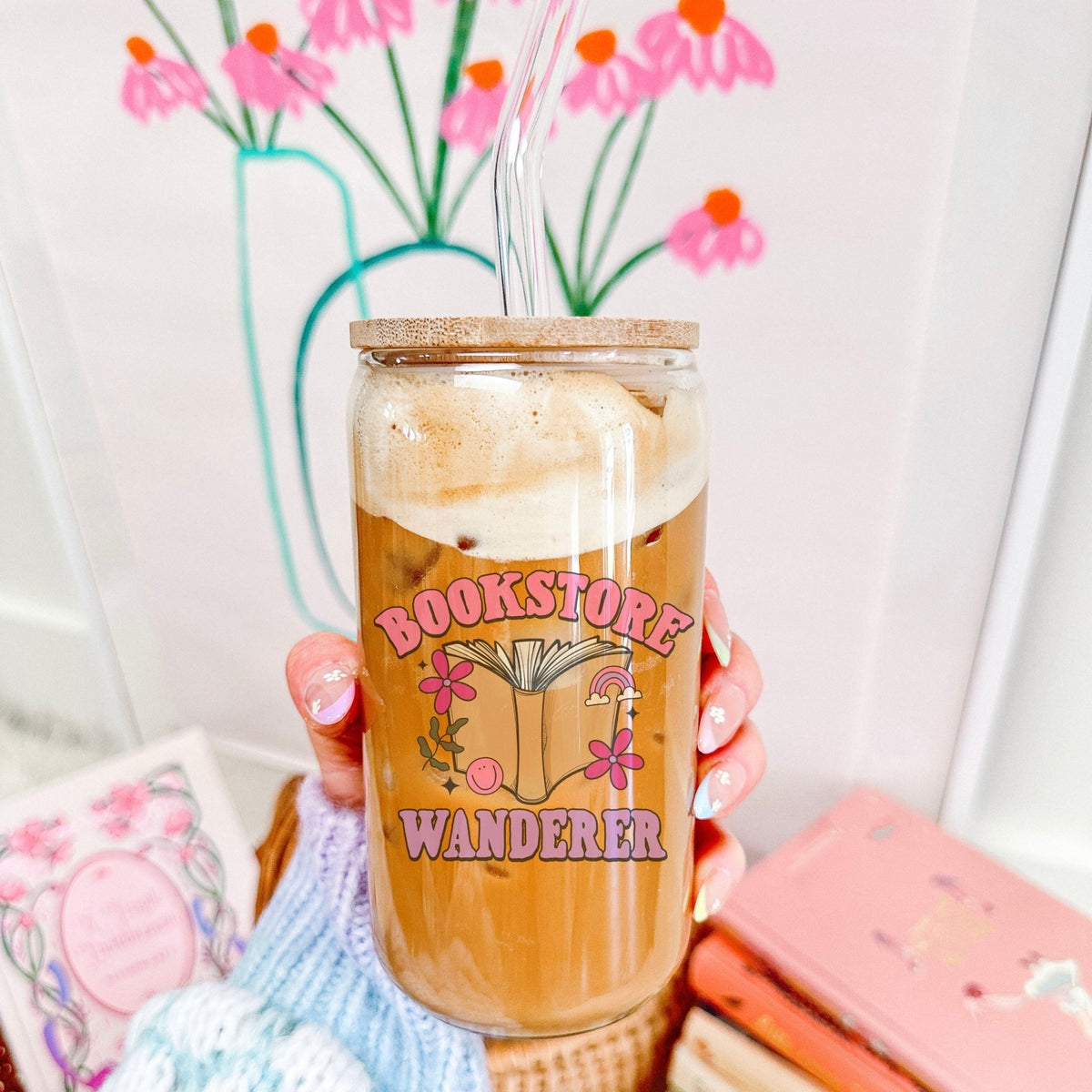 Bookstore Wanderer Clear Glass Cup with Bamboo Lid & Straw - Starry Skies Austin