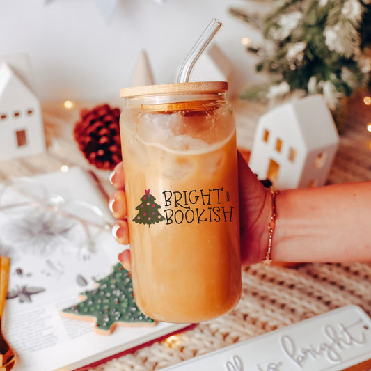 Bright and Bookish Frosted Glass Cup with Bamboo Lid & Straw - Starry Skies Austin