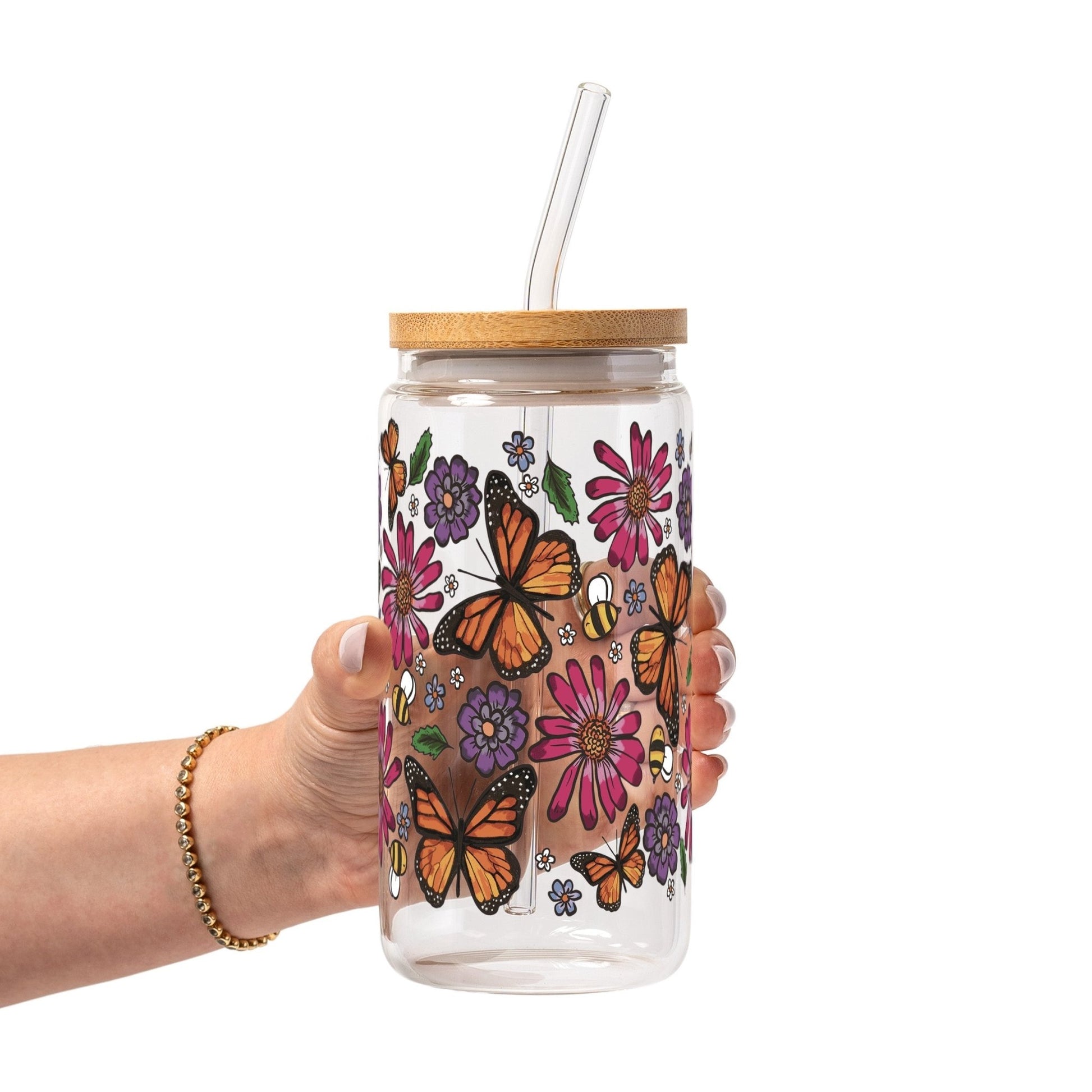 Butterfly Garden Glass Cup, Mug & Tumbler with Lid and Straw - Starry Skies Austin