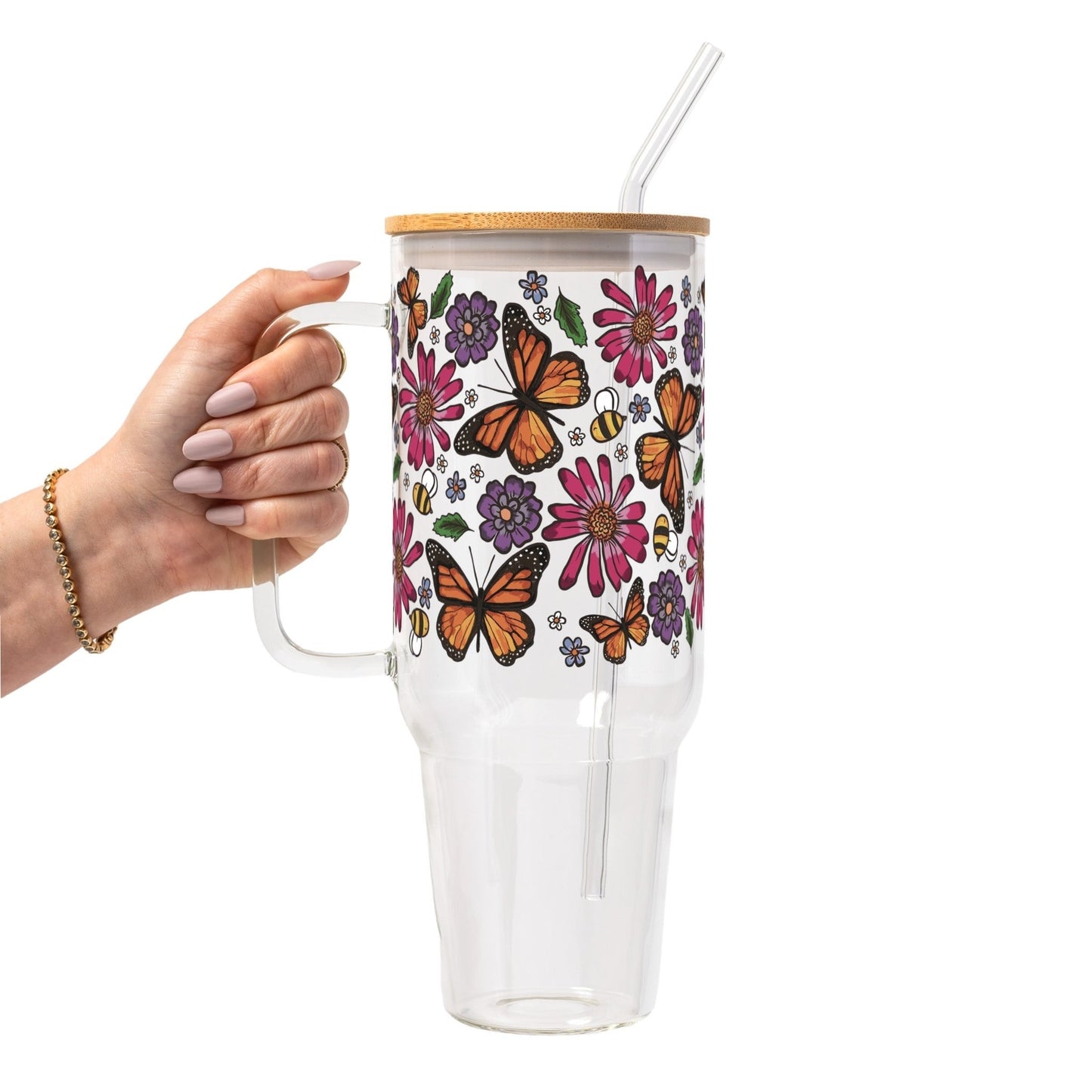 Butterfly Garden Glass Cup, Mug & Tumbler with Lid and Straw - Starry Skies Austin