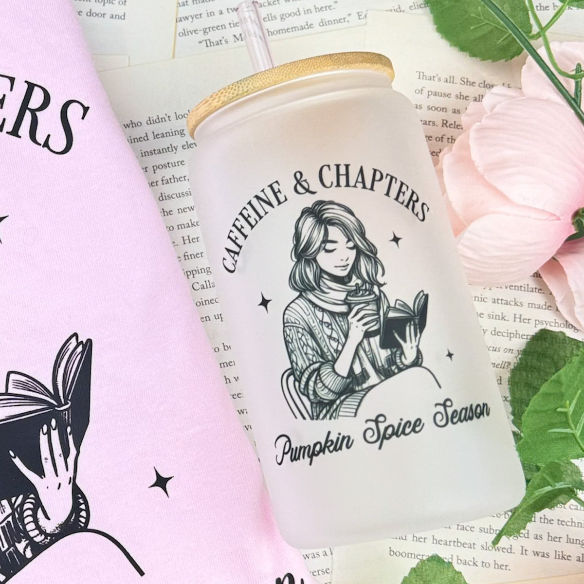 Caffeine and Chapters Frosted Glass Cup with Bamboo Lid & Straw - Starry Skies Austin