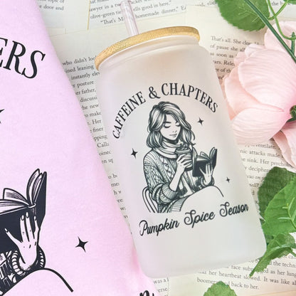 Caffeine and Chapters Frosted Glass Cup with Bamboo Lid & Straw - Starry Skies Austin