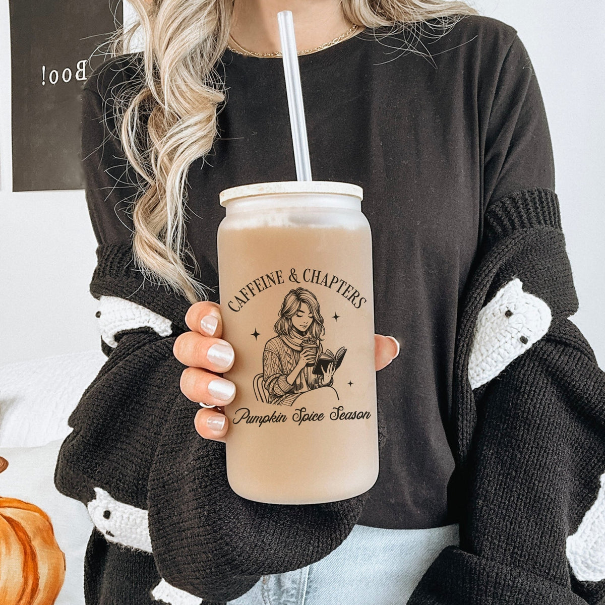 Caffeine and Chapters Frosted Glass Cup with Bamboo Lid & Straw - Starry Skies Austin