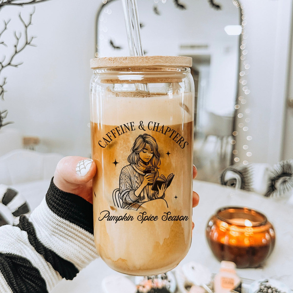 Caffeine & Chapters Pumpkin Spice Clear Glass Cup with Bamboo Lid & Straw - Starry Skies Austin