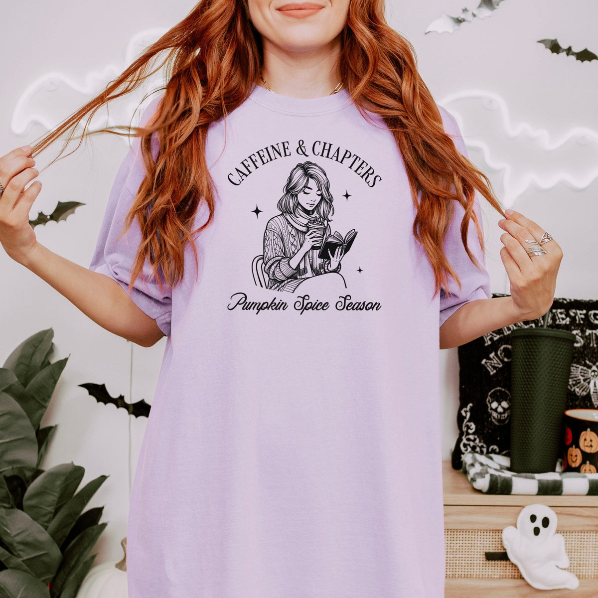 Caffeine & Chapters Pumpkin Spice Season Heavyweight Comfort Colors Shirt - Starry Skies Austin
