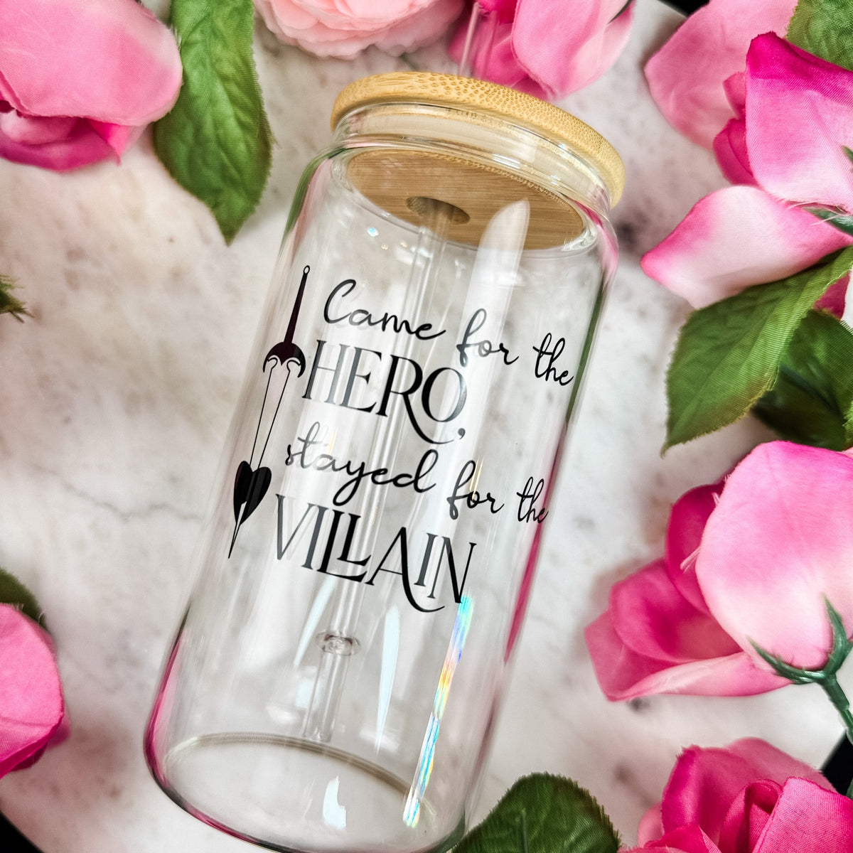 Came for the Hero, Stayed for the Villain Clear Glass Cup with Bamboo Lid & Straw - Starry Skies Austin