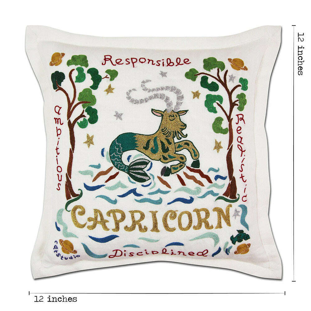Capricorn Astrology Hand-Embroidered Pillow by Cat Studio - Starry Skies Austin