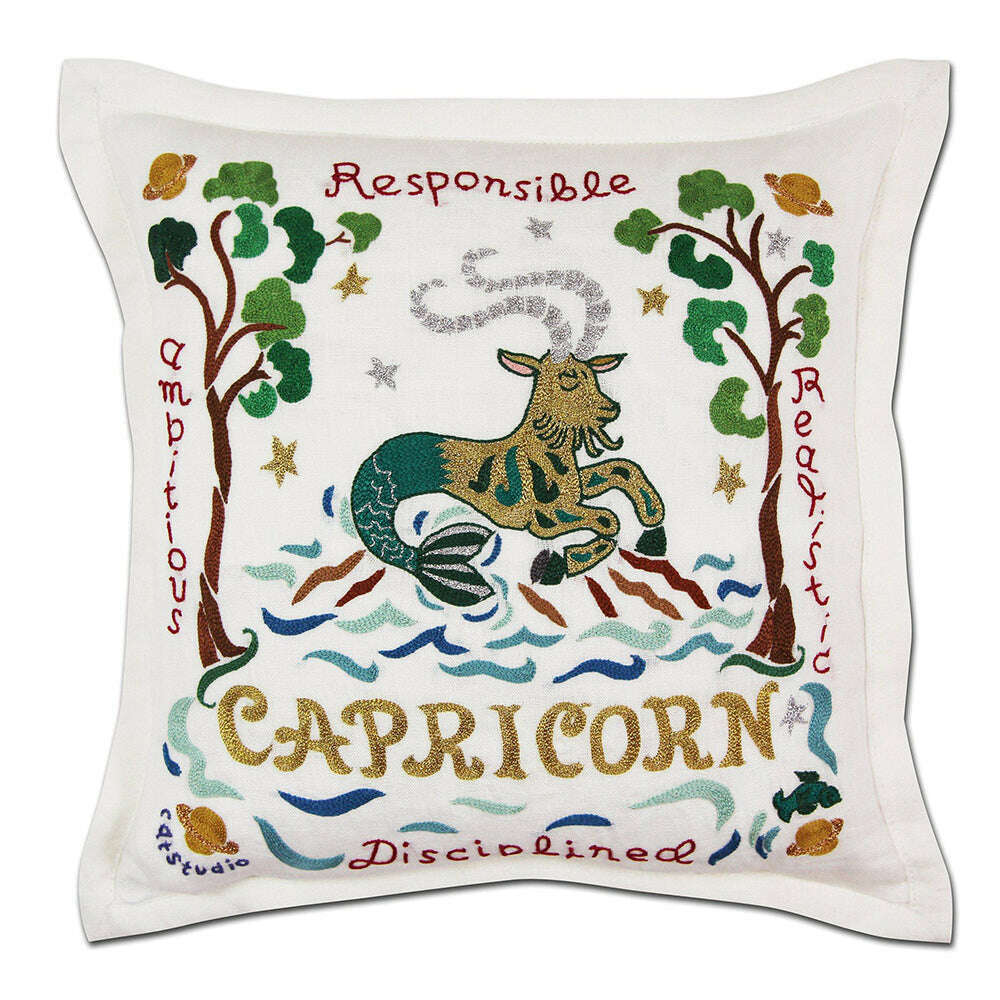 Capricorn Astrology Hand-Embroidered Pillow by Cat Studio - Starry Skies Austin