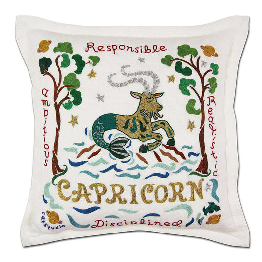 Capricorn Astrology Hand-Embroidered Pillow by Cat Studio - Starry Skies Austin