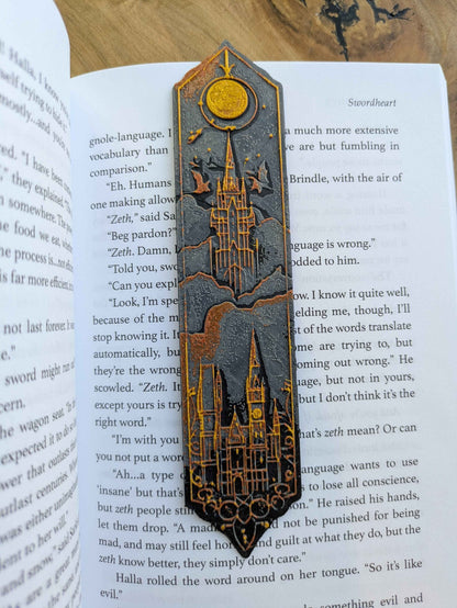 Celestial Gothic Castle Bookmarks – Handcrafted Elegant Black & Gold Magic Themed Bookmarks - Starry Skies Austin