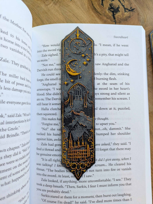 Celestial Gothic Castle Bookmarks – Handcrafted Elegant Black & Gold Magic Themed Bookmarks - Starry Skies Austin
