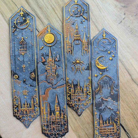 Celestial Gothic Castle Bookmarks – Handcrafted Elegant Black & Gold Magic Themed Bookmarks - Starry Skies Austin