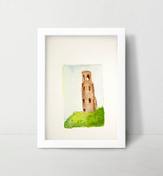 Celtic Lonely Tower Watercolor Art Print Intaglio Fine Art - Starry Skies Austin
