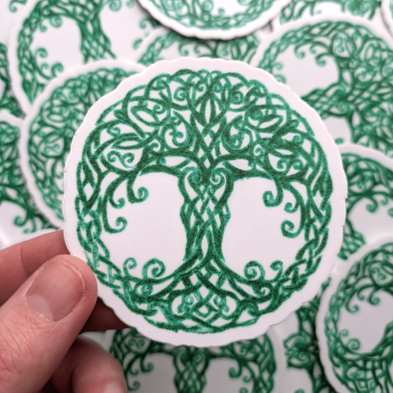 Celtic Tree of Life Vinyl Sticker - Sacred Yggdrasil Emerald Knotwork - Ancient Wisdom Cosmic Tree Decal - Starry Skies Austin