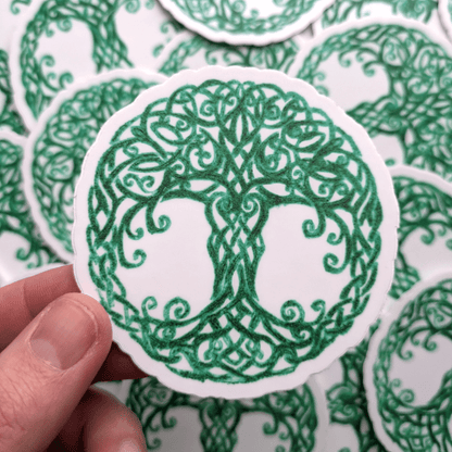 Celtic Tree of Life Vinyl Sticker - Sacred Yggdrasil Emerald Knotwork - Ancient Wisdom Cosmic Tree Decal - Starry Skies Austin