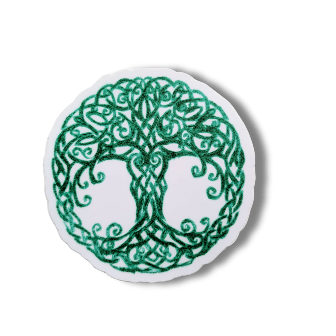 Celtic Tree of Life Vinyl Sticker - Sacred Yggdrasil Emerald Knotwork - Ancient Wisdom Cosmic Tree Decal - Starry Skies Austin