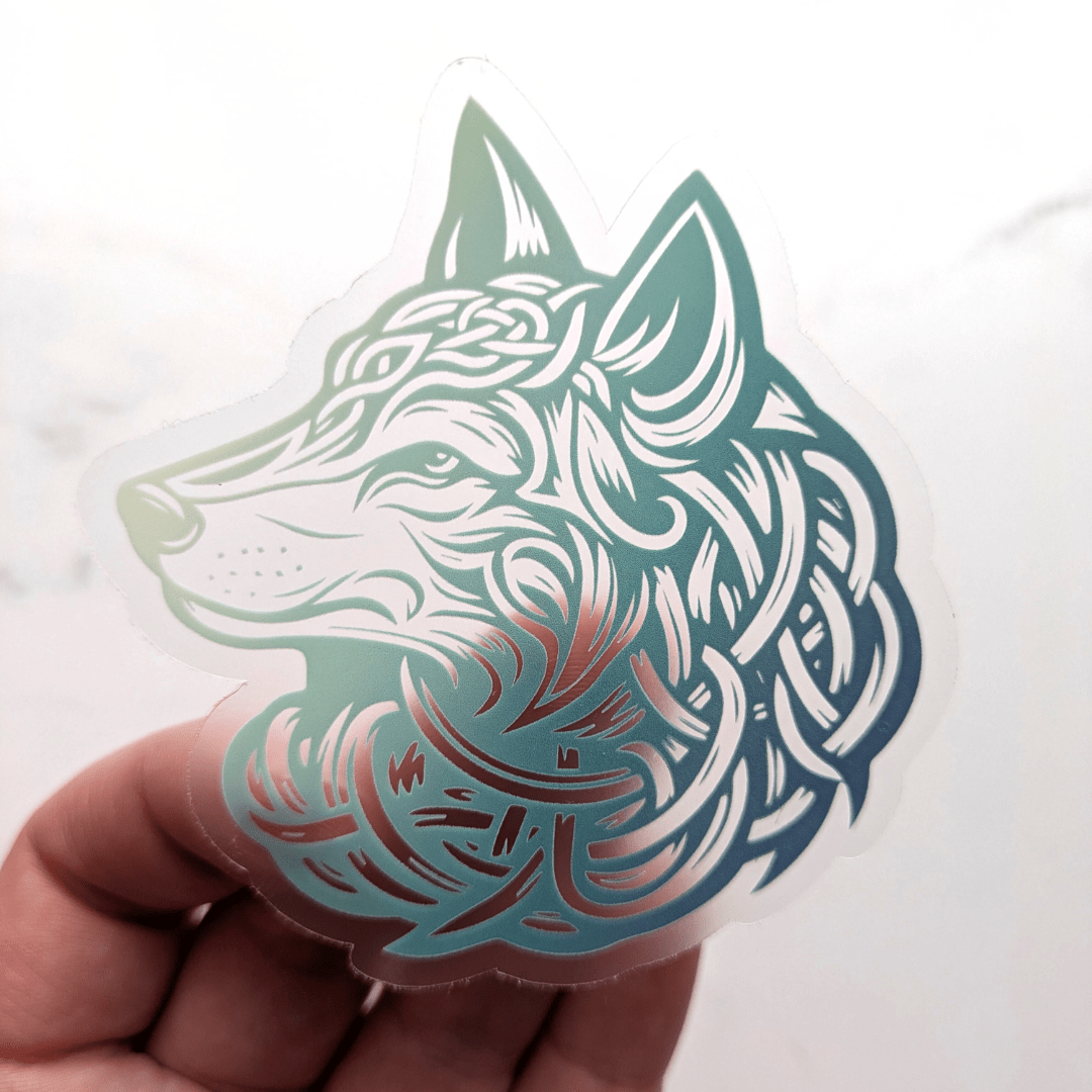 Celtic Wolf Clear Sticker - Mystical Forest Guardian Vinyl Decal - Translucent Teal Nordic Tribal Wolf Art - Starry Skies Austin
