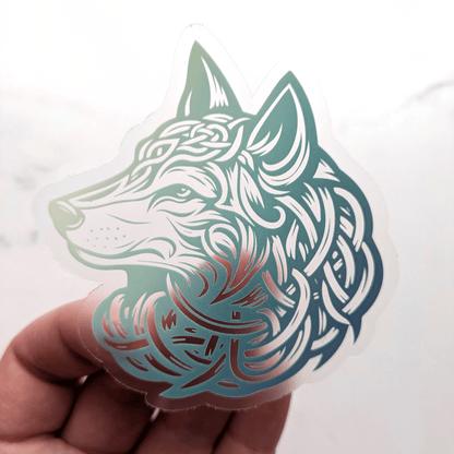 Celtic Wolf Clear Sticker - Mystical Forest Guardian Vinyl Decal - Translucent Teal Nordic Tribal Wolf Art - Starry Skies Austin