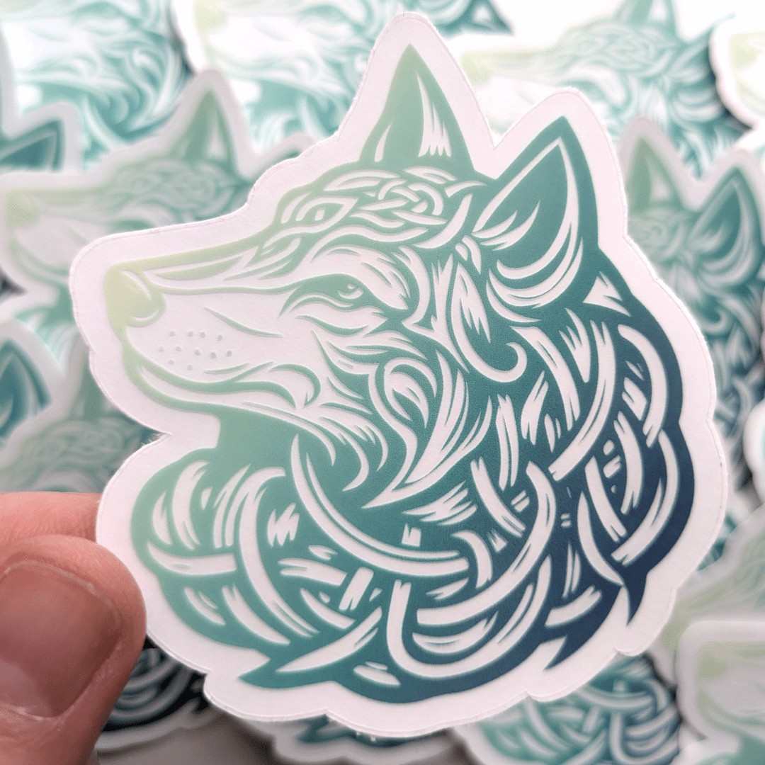 Celtic Wolf Clear Sticker - Mystical Forest Guardian Vinyl Decal - Translucent Teal Nordic Tribal Wolf Art - Starry Skies Austin