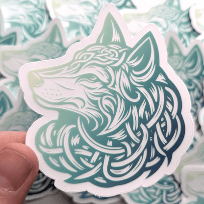 Celtic Wolf Clear Sticker - Mystical Forest Guardian Vinyl Decal - Translucent Teal Nordic Tribal Wolf Art - Starry Skies Austin
