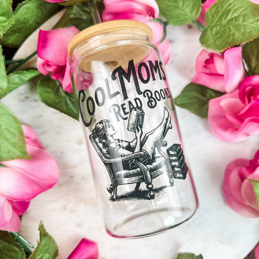 Cool Moms Read Books Clear Glass Cup with Bamboo Lid & Straw - Starry Skies Austin